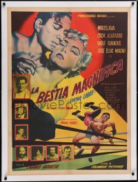 5a0604 LA BESTIA MAGNIFICA linen Mexican poster 1953 Lucha Libre, art of cast and wrestlers, rare!