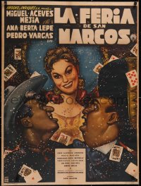 5a0606 LA FERIA DE SAN MARCOS linen Mexican poster 1958 Cabral gambling art of stars & cards, rare!