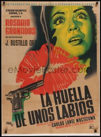 5a0607 LA HUELLA DE UNOS LABIOS linen Mexican poster 1952 art of smoking gun, lips & scared girl by Renau!