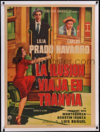 5a0608 LA ILUSION VIAJA EN TRANVIA linen Mexican poster 1954 Luis Bunuel, Prado, cool streetcar art!