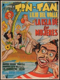 5a0609 LA ISLA DE LAS MUJERES linen Mexican poster 1953 Urzaiz art of Tin-Tan on island w/sexy girls