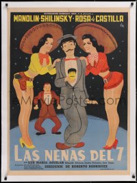 5a0616 LAS NENAS DEL 7 linen Mexican poster 1955 Gil art of Manolin between two sexy ladies, rare!