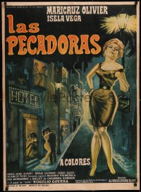 5a0617 LAS PECADORAS linen Mexican poster 1968 art of sexy prostitute in the red light district!