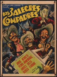 5a0622 LOS TRES ALEGRES COMPADRES linen Mexican poster 1952 Ernesto Garcia Cabral cowboy art, rare!