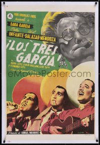 5a0623 LOS TRES GARCIA linen Mexican poster 1947 Berenguer art of singing mariachi trio, rare!