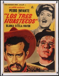 5a0624 LOS TRES HUASTECOS linen Mexican poster 1948 Pedro Infante, Juanino Renau Berenguer art, rare!