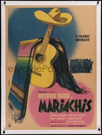 5a0627 MARIACHIS linen Mexican poster 1950 wonderful art of guitar & sombrero by Jose Espert, rare!