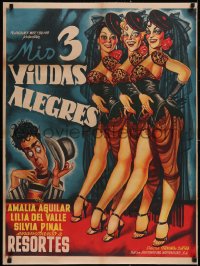 5a0630 MIS 3 VIUDAS ALEGRES linen Mexican poster 1953 wacky Cabral art of Resortes & sexy showgirls!