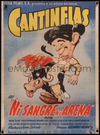 5a0634 NI SANGRE NI ARENA linen Mexican poster R1950s great cartoon art of matador Cantinflas, rare!