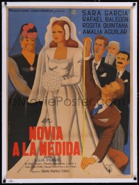 5a0636 NOVIA A LA MEDIDA linen Mexican poster 1949 Gil art of tailor measuring pretty bride, rare!