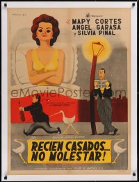 5a0641 RECIEN CASADOS NO MOLESTAR linen Mexican poster 1951 Francisco Gil art of Mapy Cortes, rare!