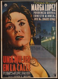 5a0650 UNA MUJER EN LA CALLE linen Mexican poster 1955 super close up art of scared Marga Lopez!