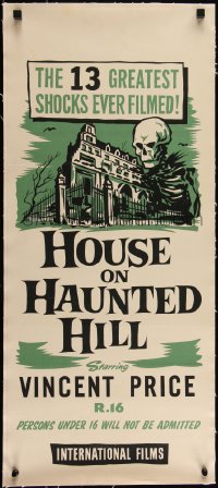 5a0147 HOUSE ON HAUNTED HILL linen New Zealand daybill 1959 different art of skeleton & mansion!