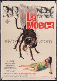 5a0474 FLY linen Spanish 1963 great different art of giant bug attacking scared woman, ultra rare!