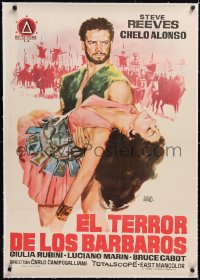 5a0480 GOLIATH & THE BARBARIANS linen Spanish 1962 Jano art of Steve Reeves & Chelo Alonso, rare!