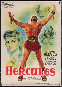 5a0483 HERCULES linen Spanish R1962 different montage art of Steve Reeves & Sylva Koscina, very rare!