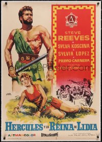 5a0484 HERCULES UNCHAINED linen Spanish 1960 Jano art of Steve Reeves as Ercole & Koscina, rare!