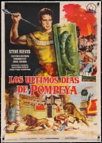 5a0487 LAST DAYS OF POMPEII linen Spanish 1960 different Jano art of Steve Reeves, ultra rare!