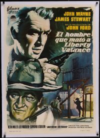 5a0489 MAN WHO SHOT LIBERTY VALANCE linen Spanish 1962 MCP art of John Wayne & James Stewart, rare!