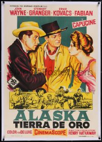 5a0493 NORTH TO ALASKA linen Spanish 1961 Soligo art of John Wayne, Stewart Granger & sexy Capucine!