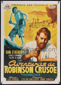 5a0502 ROBINSON CRUSOE linen Spanish 1955 Luis Bunuel, Jose Maria art of Dan O'Herlihy, ultra rare!