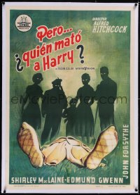 5a0511 TROUBLE WITH HARRY linen Spanish 1960 Alfred Hitchcock, different art of silhouettes over body!