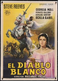 5a0512 WHITE WARRIOR linen Spanish 1961 art of Steve Reeves on horseback & Georgia Moll, very rare!