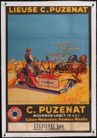 5a0243 C. PUZENAT linen 30x45 French advertising poster 1920s A. Magne art of farmer on machine!