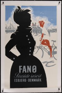 5a0232 FANO SEASIDE RESORT linen 25x39 Danish travel poster 1950s art of silhouette by cyclist, rare!