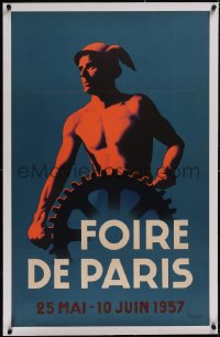 5a0346 FOIRE DE PARIS linen 25x39 French special poster 1957 Bourgis art of Mercury & cog, rare!