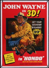 5a0151 HONDO linen tv poster R1991 Tanenbaum art of John Wayne fighting off the screen in 3-D, rare!