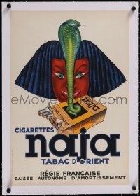 5a0248 NAJA linen 16x24 French advertising poster 1930s art of Egyptian woman & cobra w/cigarettes!