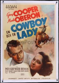 5a0222 COWBOY & THE LADY linen Swedish 1939 great art of Gary Cooper & beautiful Merle Oberon, rare!