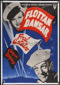 5a0223 FOLLOW THE FLEET linen Swedish R1940s Aberg art of Fred Astaire & Ginger Rogers, ultra rare!