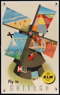 5a0234 KLM HOLLAND linen 24x39 Dutch travel poster 1950s Dirksen art of windmill & sights, rare!