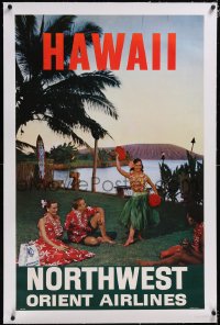 5a0235 NORTHWEST ORIENT AIRLINES HAWAII linen 26x40 travel poster 1960s great image of luau, rare!