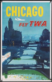 5a0238 TWA CHICAGO linen 27x40 travel poster 1960s cool art of the city by Austin Briggs, rare!