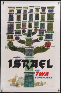 5a0239 TWA ISRAEL linen 25x40 travel poster 1960s cool art of Menorah & Jerusalem by David Klein!