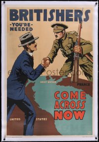 5a0282 BRITISHERS YOU'RE NEEDED linen 28x41 WWI war poster 1917 Myers art of U.S. helping English!