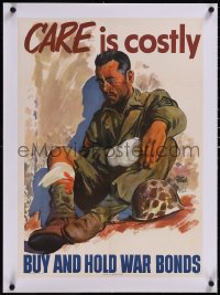 5a0283 CARE IS COSTLY linen 19x26 WWII war poster 1945 cool Adolph Treidler art of injured soldier!