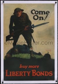 5a0285 COME ON BUY MORE LIBERTY BONDS linen 20x30 WWI war poster 1918 Walter Whitehead art of soldier!