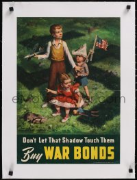 5a0286 DON'T LET THAT SHADOW TOUCH THEM linen 14x20 WWII war poster 1942 swastika shadow over kids!