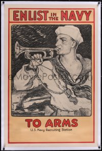 5a0287 ENLIST IN THE NAVY linen 27x41 WWI war poster 1917 Bancroft art of sailor playing bugle, rare!