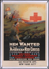 5a0290 MEN WANTED FOR AMERICAN RED CROSS linen 28x41 WWI war poster 1918 soldier & ambulance, rare!