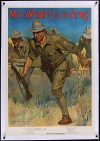 5a0291 MEN WANTED FOR THE ARMY linen 27x39 WWI war poster 1914 IB Hazelton art of soldiers charging!