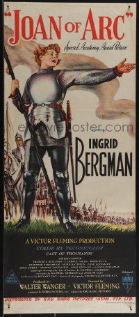 5b0570 JOAN OF ARC Aust daybill 1949 art of Ingrid Bergman in full armor with sword, ultra rare!