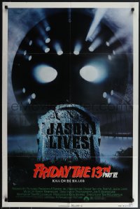 5b1092 FRIDAY THE 13th PART VI 1sh 1986 Jason Lives, cool image of hockey mask over tombstone!