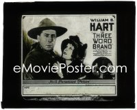 5b1574 THREE WORD BRAND glass slide 1921 close up of cowboy William S. Hart & pretty Jane Novak!