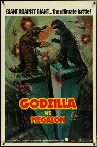 5b1103 GODZILLA VS. MEGALON 1sh 1976 great Dippel art of monsters battling on Twin Towers!