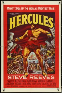 5b1123 HERCULES 1sh 1959 great montage artwork of the world's mightiest man Steve Reeves!